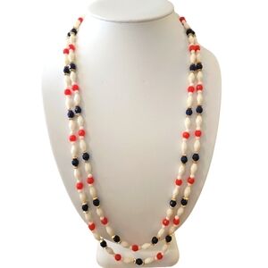 Vintage Hong Kong Red, White, Blue, Gold Lucite Bead Double Strand Necklace